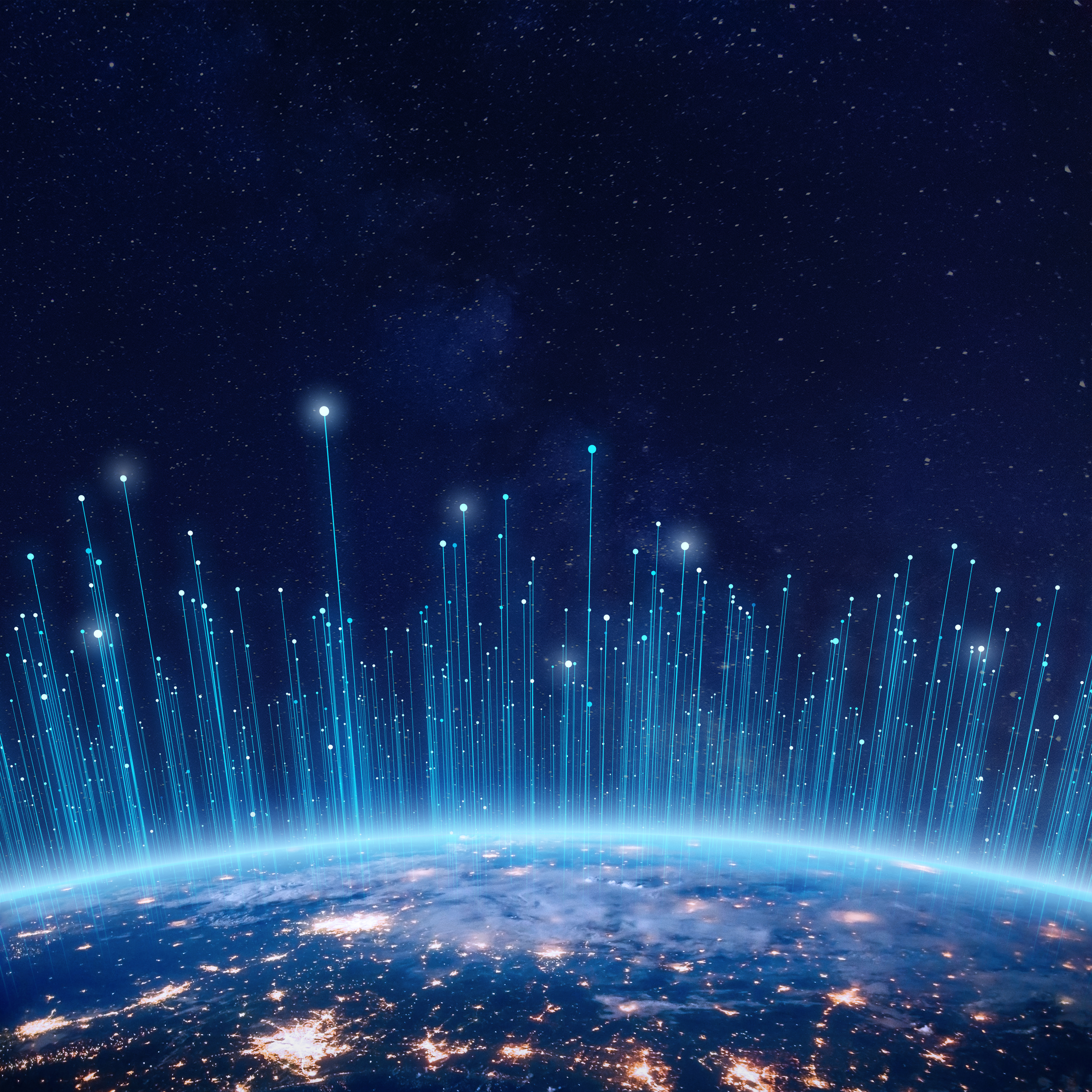 Communication technology with connections around Earth viewed from space. Internet, IoT, cyberspace, global business, innovation, big data science, digital finance, blockchain. Elements from NASA (images-assets.nasa.gov/image/iss040e090540/iss040e090540~orig.jpg)