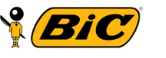 Logo of BIC featuring a stylized, black-and-white drawing of a child with a pen, standing beside the word 'BIC' in bold, uppercase letters